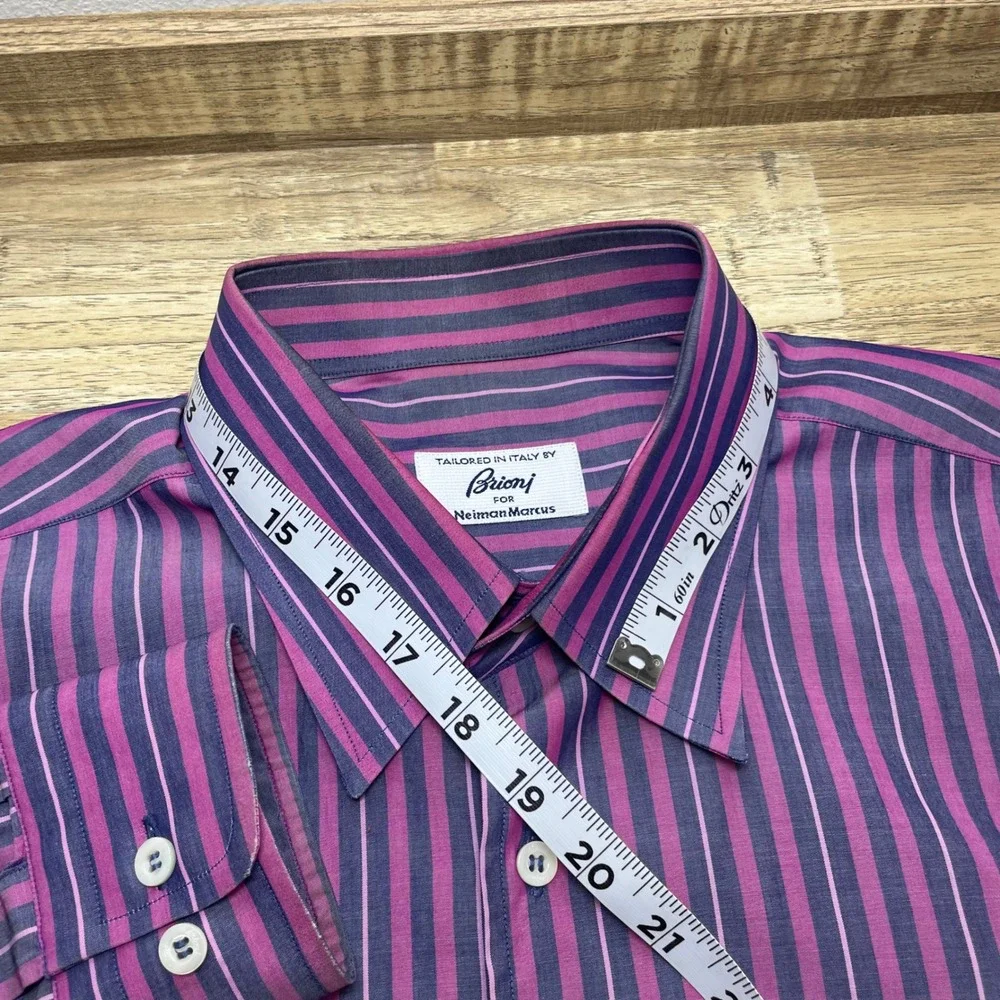 Brioni Neiman Marcus Mens Purple Striped Button Dress Shirt Italy 17.5-32 XL EUC - Picture 4 of 7